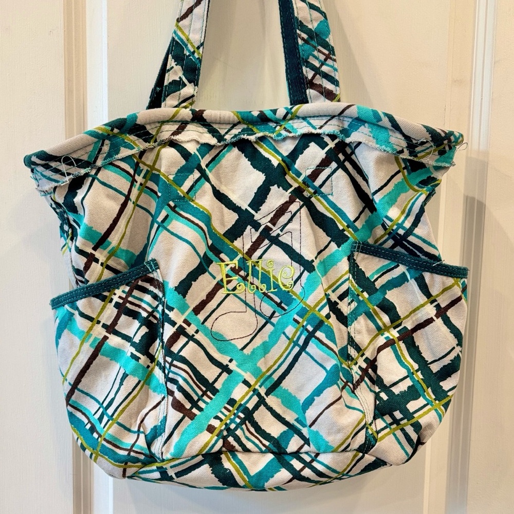 Thirty-One Retro Metro Teal Plaid Tote Bag with name Ellie embroidered on front